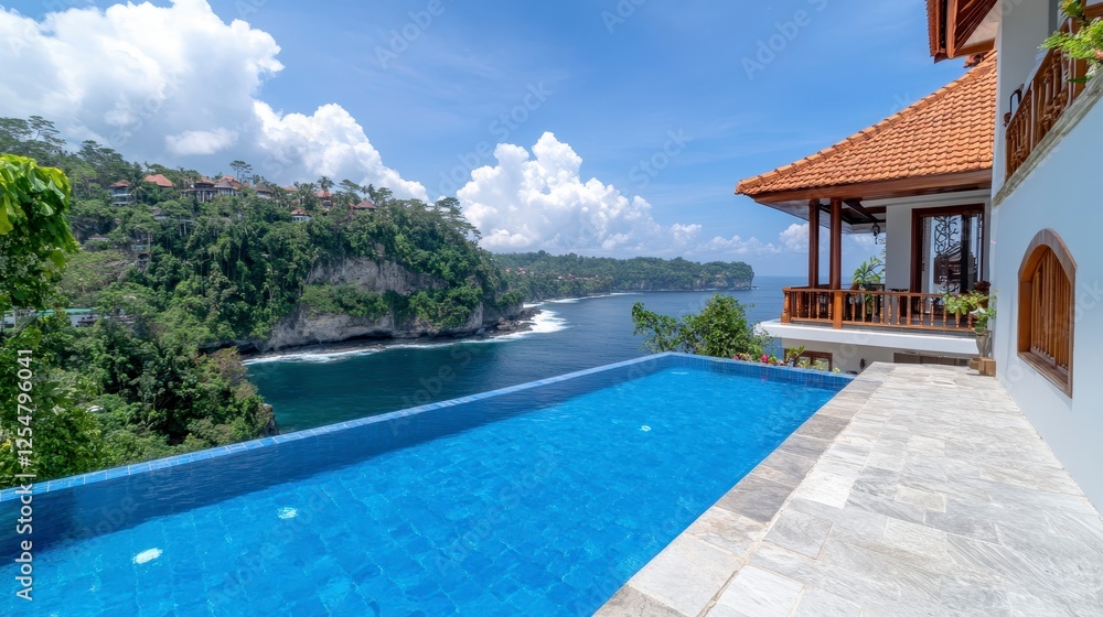 Fototapeta premium Ocean view infinity pool on a cliff overlooking a tropical landscape, featuring a clear blue pool, stone patio, wooden deck, and lush green hillside