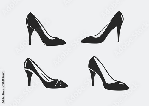 Set of Women's Shoes Silhouettes High Heels, Stilettos, Outline Black and White Vector