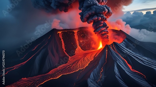 Powerful volcanic eruption with molten lava flowing down the slopes, thick black smoke and ash rising into the sky, and a dramatic glowing crater, showcasing nature’s raw and destructive force


 photo