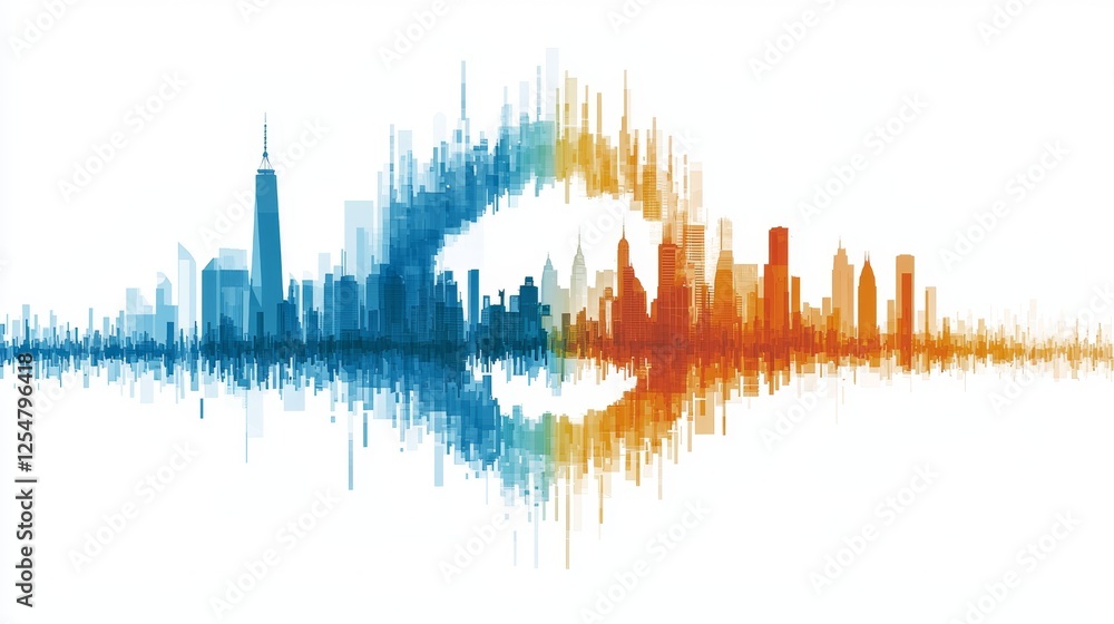 Obraz premium Colorful Abstract Cityscape Illustration with Sound Wave Element Representing Urban Energy and Rhythm of City Life