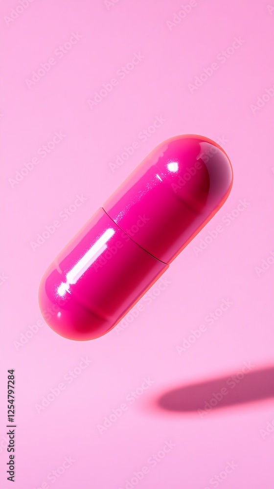 Bright pink capsule floating against a soft pink background, showcasing pharmaceutical beauty and simplicity in design Bright pink capsule floating against a soft pink background, showcasing pharmaceutical beauty and simplicity in design