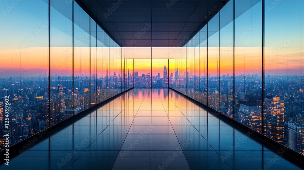 Obraz premium Empty modern office space with panoramic city view at sunset, glass walls reflecting cityscape, dramatic lighting, contemporary design, urban