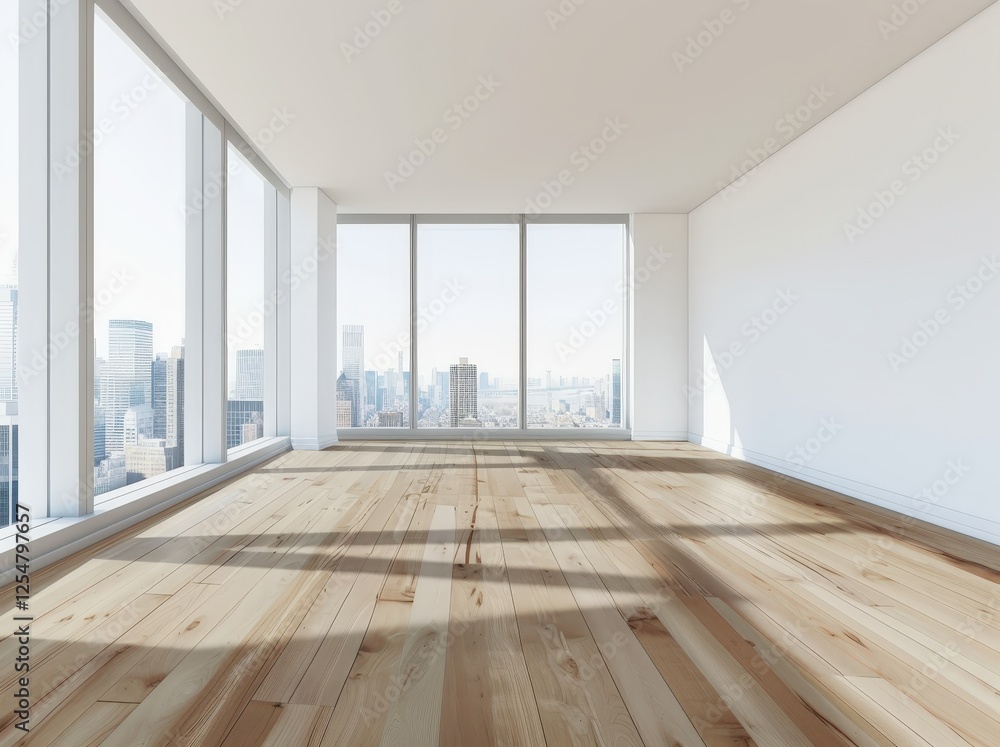 Obraz premium Empty room with large windows overlooking a city skyline