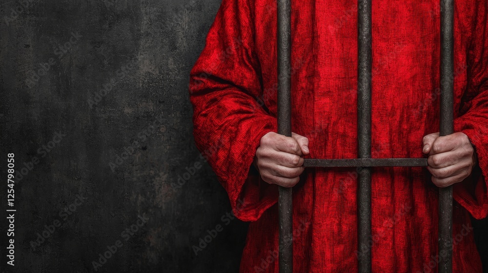 Fototapeta premium A person in a red robe grips prison bars, symbolizing entrapment or confinement against a dark, textured background.