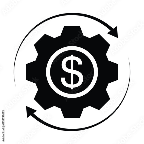 A vector of a solid black gear with a dollar sign in the center with two arrows circling around it.