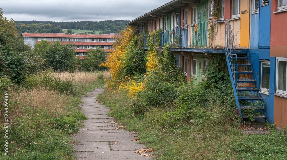 Fototapeta premium Overgrown pathway between colorful, weathered apartment buildings under overcast sky. Tall grass and bushes line the walkway. A faded pathway