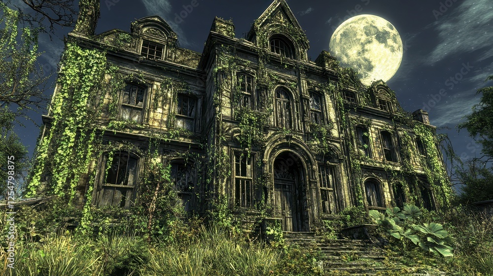 Large overgrown stone structure under a full moon, showing signs of decay and age. Overgrown with greenery Large overgrown stone structure under a full moon, showing signs of decay and age. Overgrown with greenery