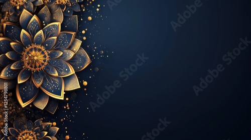 Glorious golden lotus blossoms bloom against a deep blue backdrop with a touch of elegance and beauty