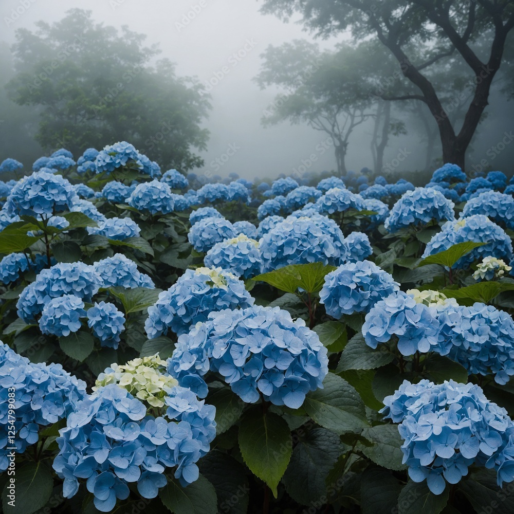 A garden of blue hydrangeas, their colors beautifully contrasting against a pale white fog.
