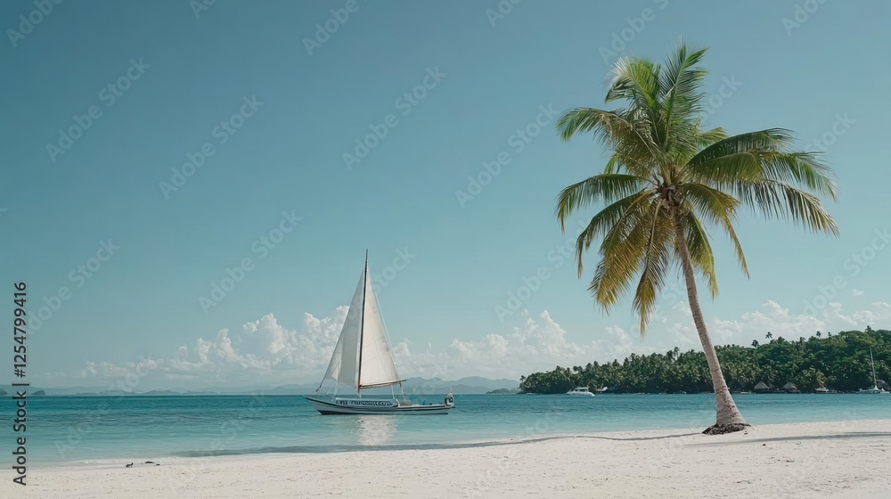 Obraz premium Tropical Beach With Sailboat And Palm Tree