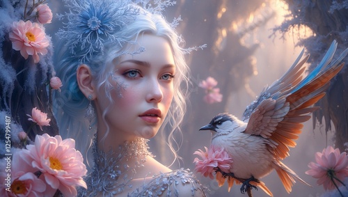 Enchanting forest fairy with blue hair surrounded by blooming flowers and a delicate bird perched gracefully, illuminated by soft golden light during twilight hours