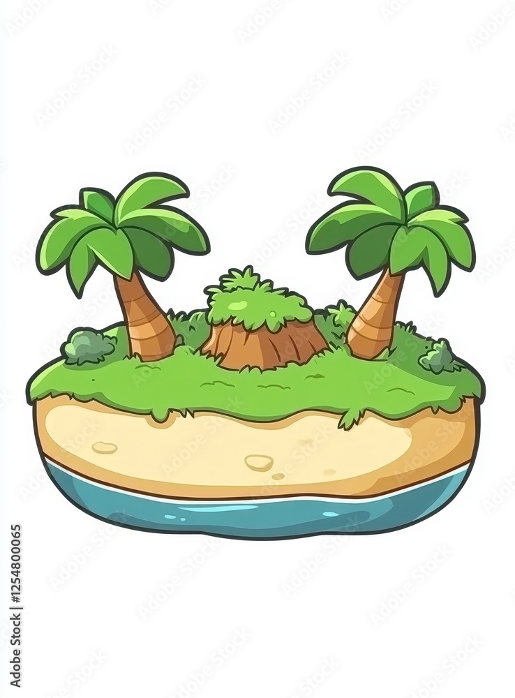 Obraz premium Pixel art island, stylized tropical island, green vegetation, sandy beach, two palm trees, simple design, cartoonish style, isolated on white