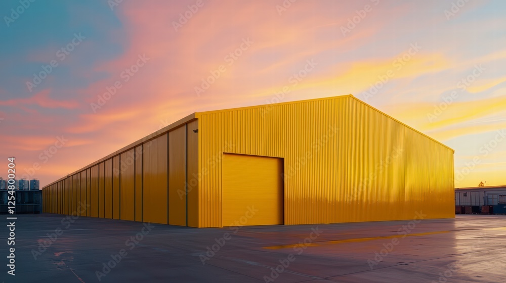 Obraz premium Sunset Warehouse: A vibrant yellow warehouse stands majestically against a breathtaking sunset, showcasing modern industrial architecture and the promise of efficient logistics.