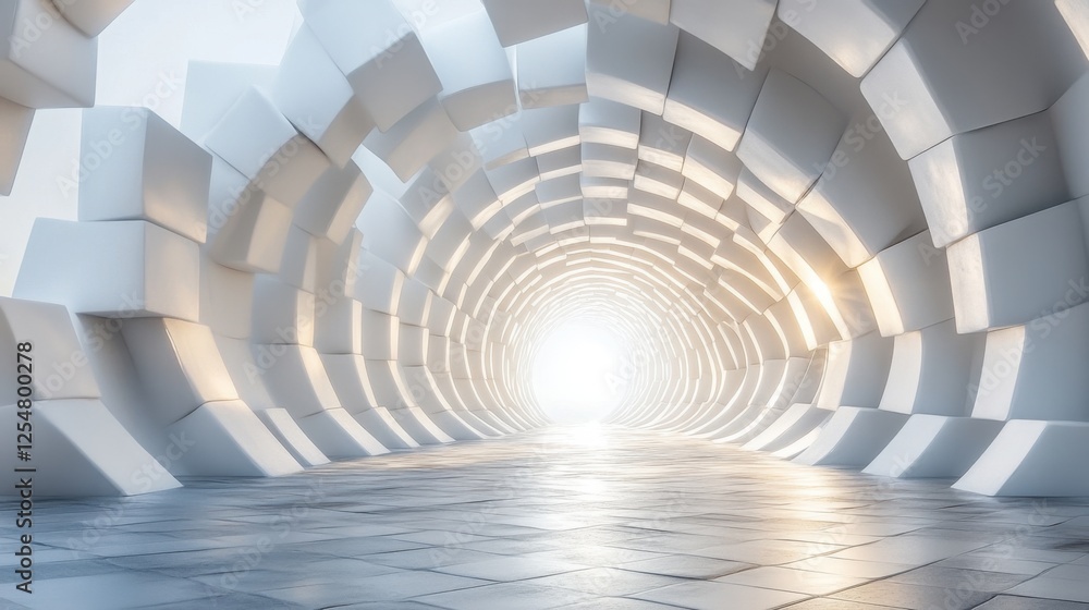 Captivating light emerges from a surreal tunnel of white geometric forms at dawn Captivating light emerges from a surreal tunnel of white geometric forms at dawn