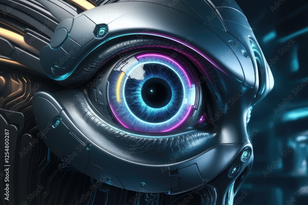 A close-up of a futuristic robotic eye with glowing neon rings, showcasing intricate metallic details. A close-up of a futuristic robotic eye with glowing neon rings, showcasing intricate metallic details.
