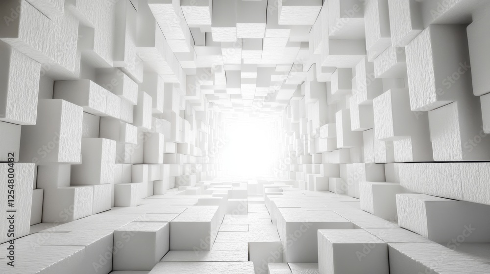 Obraz premium Exploring a surreal white tunnel made of abstract geometric shapes and illuminated by soft light at the end
