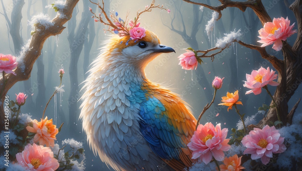 Fototapeta premium Vibrant bird adorned with blossoms awakens spring in a mystical forest filled with shadows and soft light