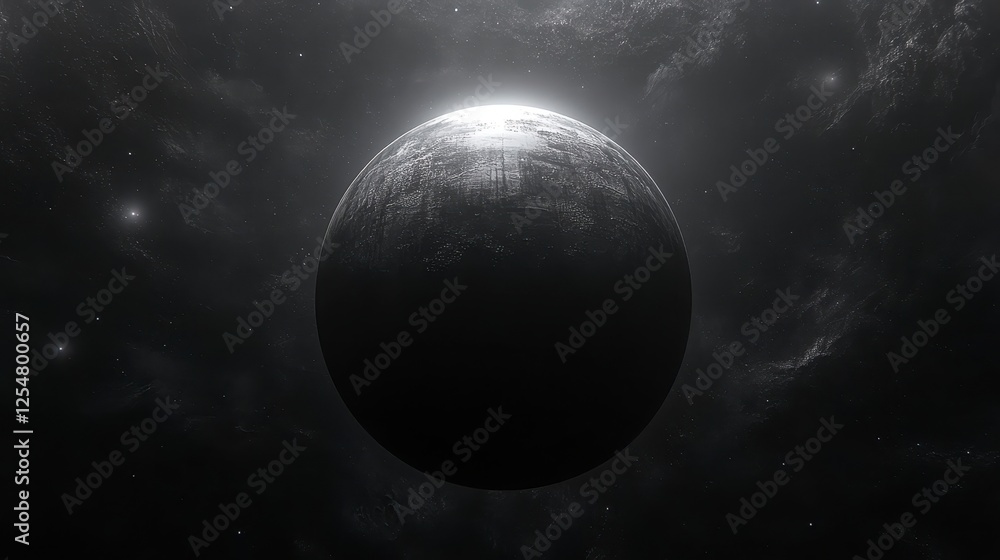 Obraz premium Celestial body in grayscale, pixelated texture, bright light source behind, dark space background