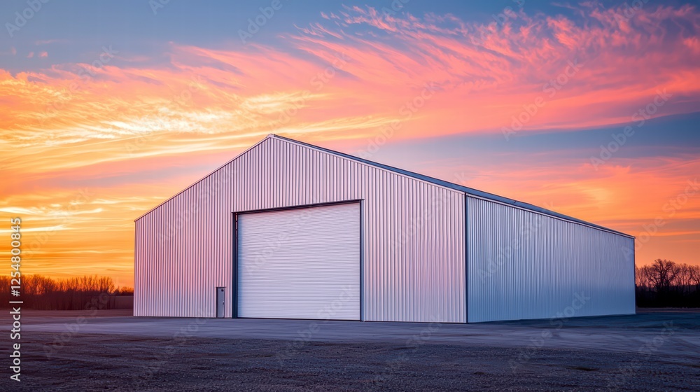 Sunset Over the Barn: A large, modern barn stands silhouetted against a vibrant sunset, its expansive roll-up door hinting at the potential within. Sunset Over the Barn: A large, modern barn stands silhouetted against a vibrant sunset, its expansive roll-up door hinting at the potential within.