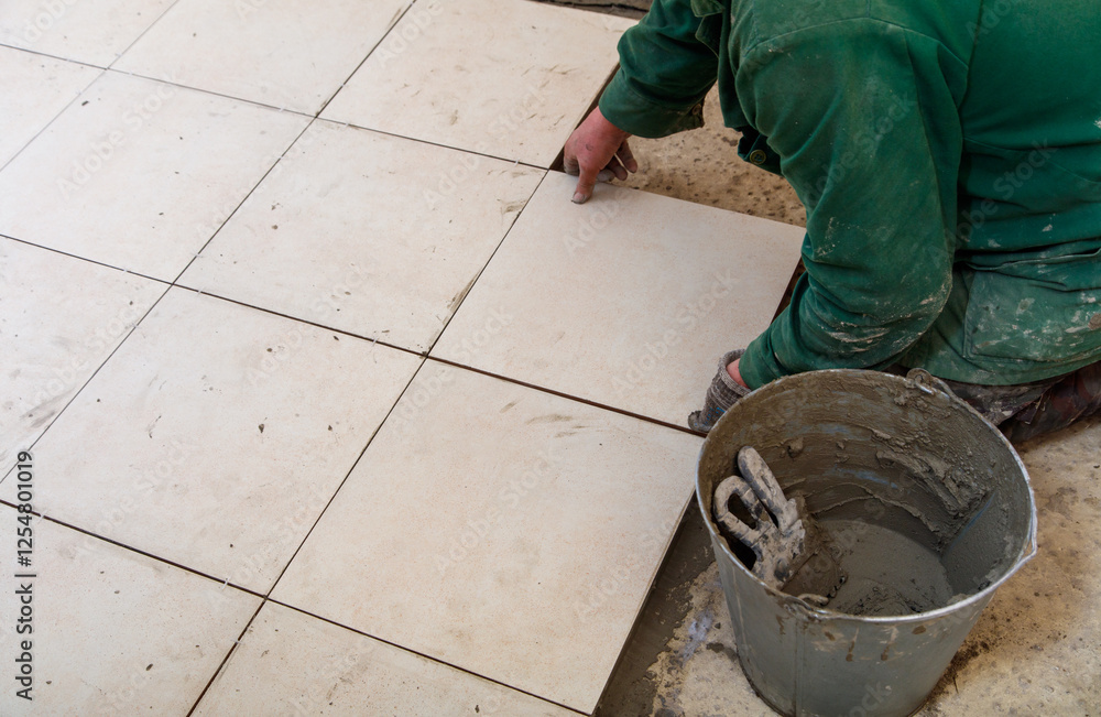 A man is laying tiles on a floor A man is laying tiles on a floor
