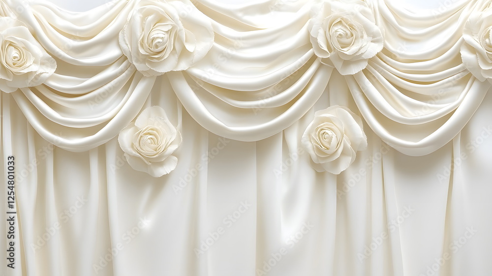 Elegant white drapery with fabric roses creating a soft and luxurious backdrop for events and decorations Elegant white drapery with fabric roses creating a soft and luxurious backdrop for events and decorations