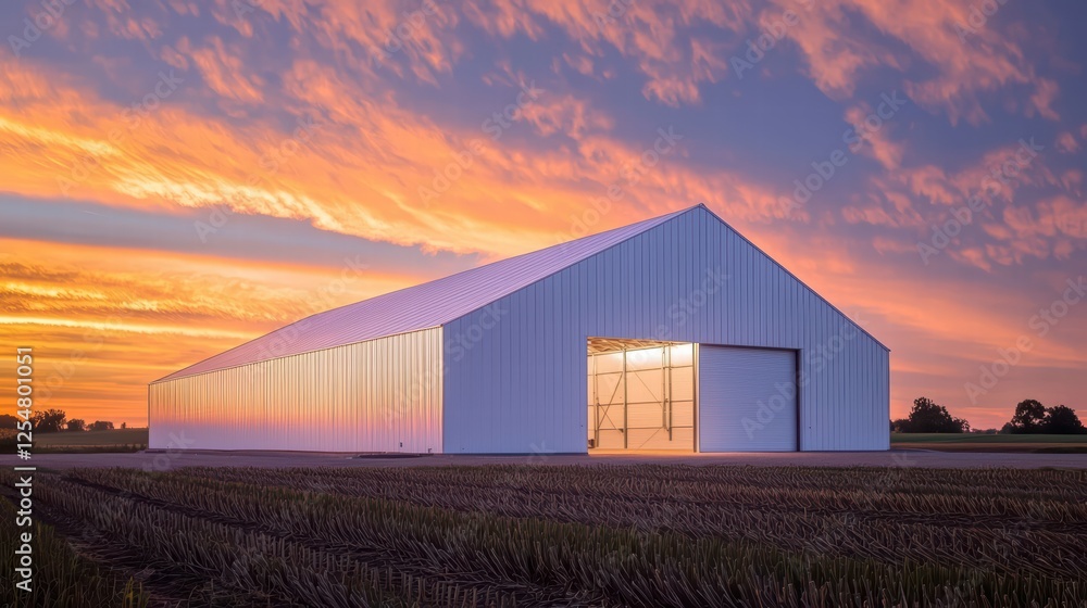 Obraz premium Modern Architectural Structure: A striking contemporary building silhouetted against a breathtaking sunset.
