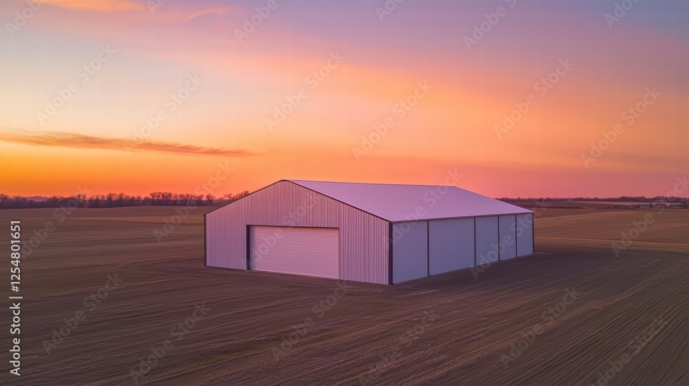 Obraz premium Barn at Sunset: A solitary barn stands silhouetted against a vibrant, fiery sunset, casting a long shadow across a vast field.