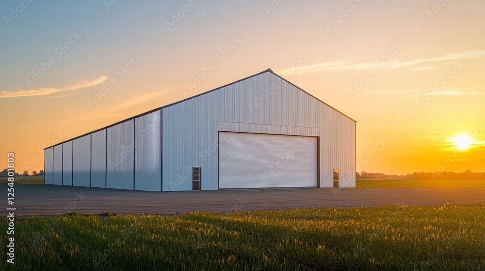 Obraz premium Sunrise Over the Warehouse: A large, modern warehouse stands silhouetted against a vibrant sunrise, its expansive white doors promising the potential within. The scene evokes a sense of industry.