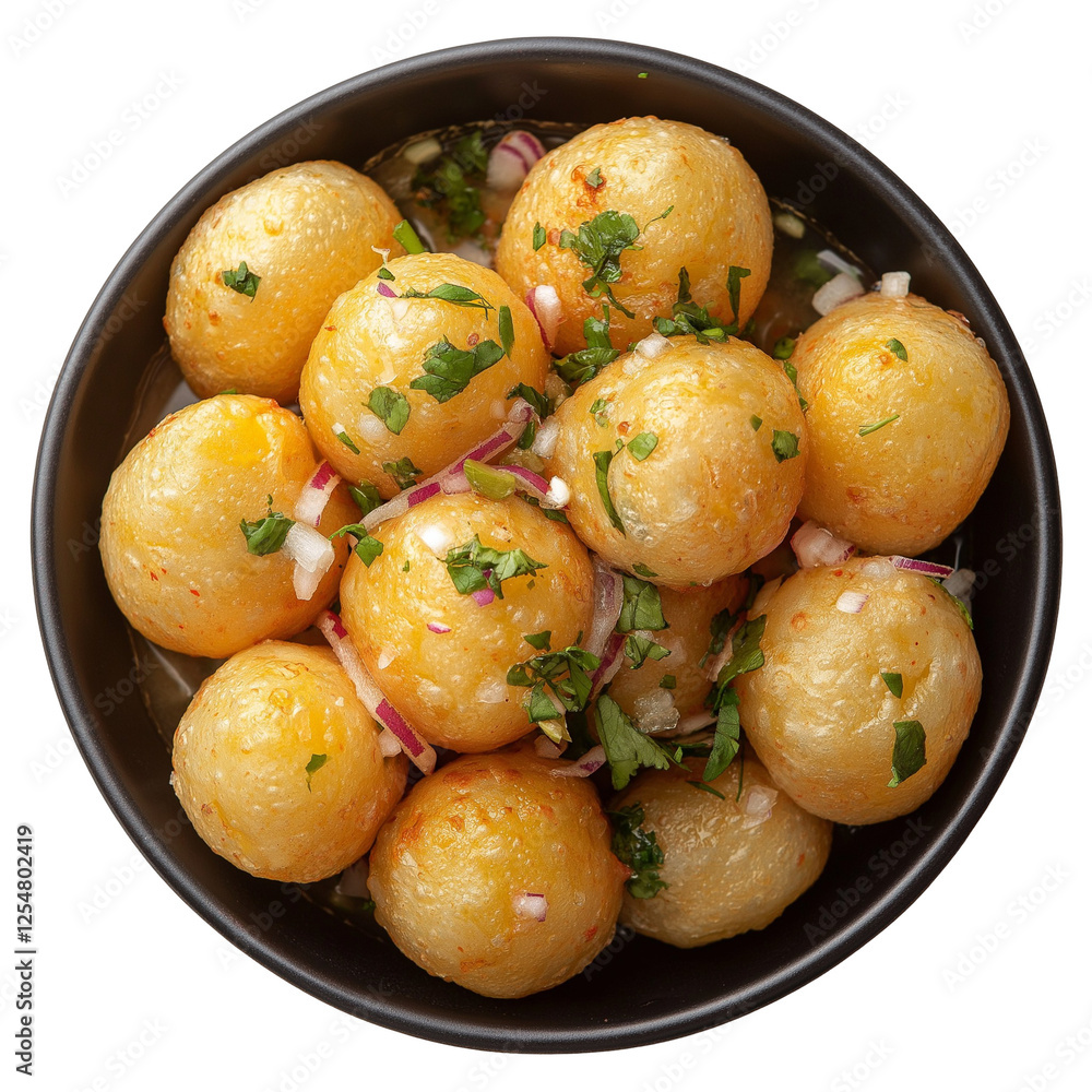 bowl of a delicious looking pani puri top view isolated on transparent white background, clipping path bowl of a delicious looking pani puri top view isolated on transparent white background, clipping path