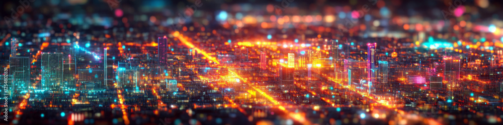 Obraz premium A cityscape at night is filled with vibrant, colorful lights. Concept of urban nightlife and energy. For background images or technology themes.