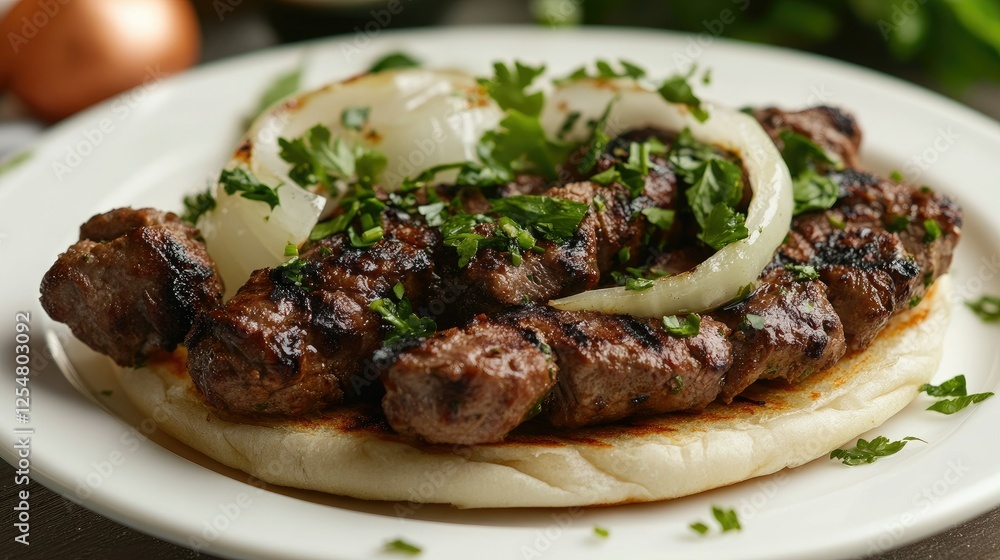 A warm, mouth-watering kebab sandwich with grilled meat, onions, and a fresh topping of herbs, isolated on a white plate. A warm, mouth-watering kebab sandwich with grilled meat, onions, and a fresh topping of herbs, isolated on a white plate.
