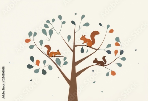 Three playful squirrels climbing on branches of a stylized tree
