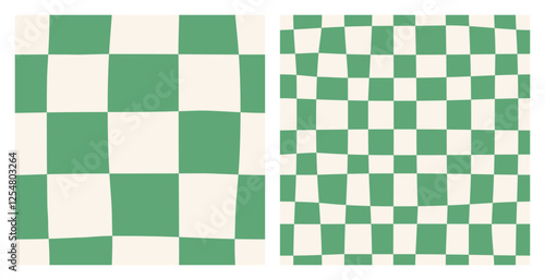 Seamless abstract monochrome set of large and small checkerboard pattern on a light background, green checkered pattern set, simple hand drawn illustration, flat style