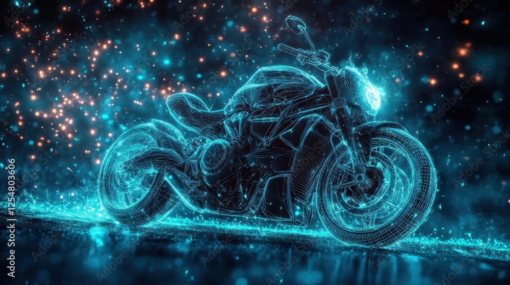 Futuristic neon motorcycle illuminated against a dark sparkly background at night Futuristic neon motorcycle illuminated against a dark sparkly background at night