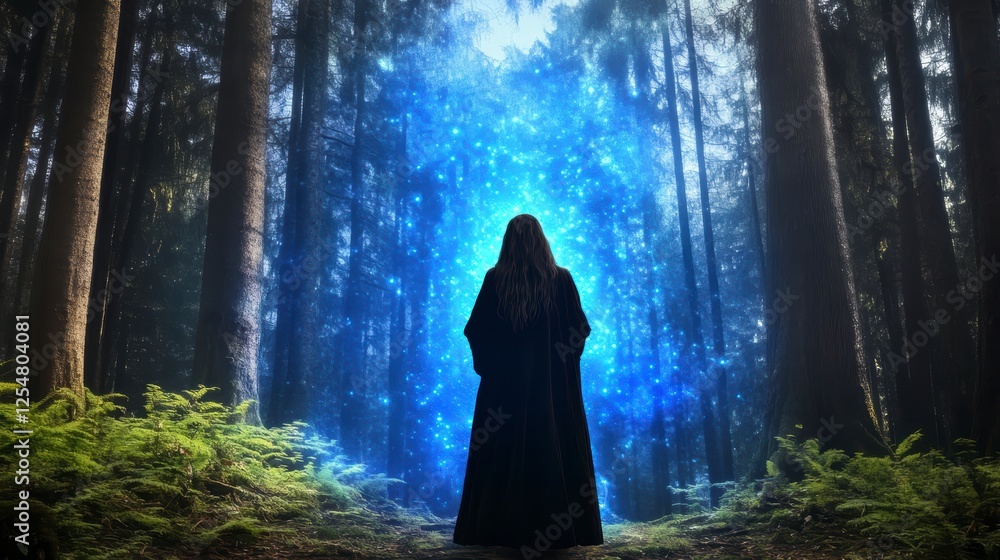 Silhouette of a person in a long dark robe standing in a magical forest, surrounded by sparkling blue light Silhouette of a person in a long dark robe standing in a magical forest, surrounded by sparkling blue light