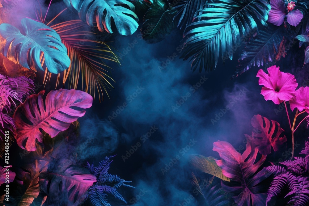 Vibrant tropical foliage with neon lighting creating an enchanting atmosphere Vibrant tropical foliage with neon lighting creating an enchanting atmosphere