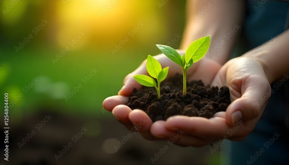 Hands holding soil with young plant seedlings, close-up, soft warm sunlight Hands holding soil with young plant seedlings, close-up, soft warm sunlight