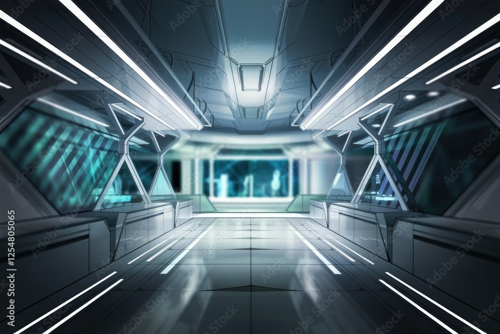 Obraz premium Futuristic spaceship corridor with sleek design, illuminated by bright LED lights, showcasing advanced technology.