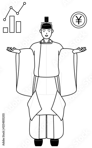 DXのイメージ、業績と売上の向上を案内する神社の神主、冠と斎服姿
