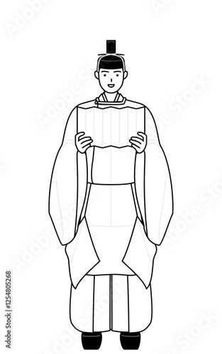 祝詞を奏上する神社の神主、冠と斎服姿