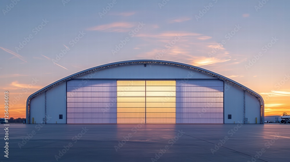 Hangar at Sunset: An expansive hangar with large, translucent doors stands silhouetted against a vibrant sunset sky. Hangar at Sunset: An expansive hangar with large, translucent doors stands silhouetted against a vibrant sunset sky.