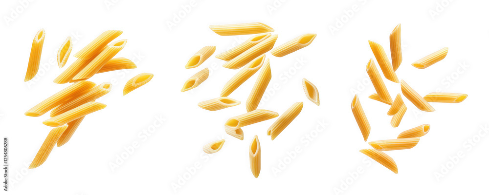 Deliciously Scattered Penne Pasta Pieces Isolated on White Background Deliciously Scattered Penne Pasta Pieces Isolated on White Background