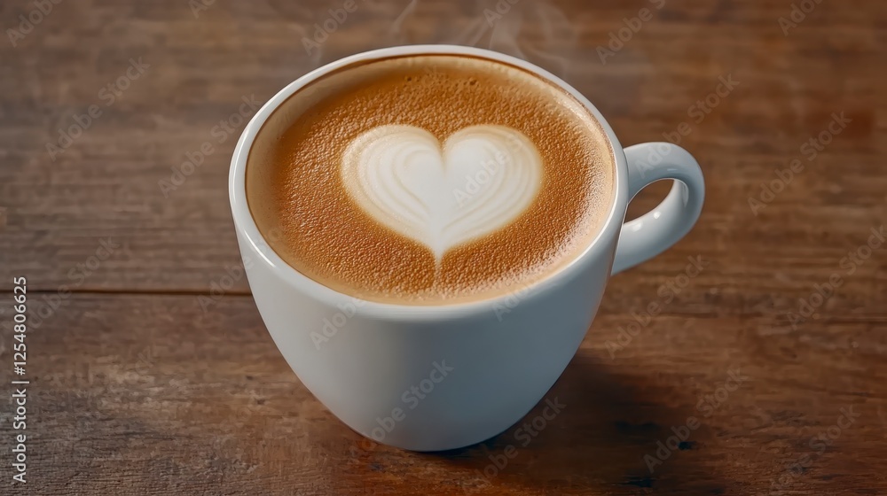 A steaming cup of cappuccino with a heart shaped latte art design on a wooden surface A steaming cup of cappuccino with a heart shaped latte art design on a wooden surface
