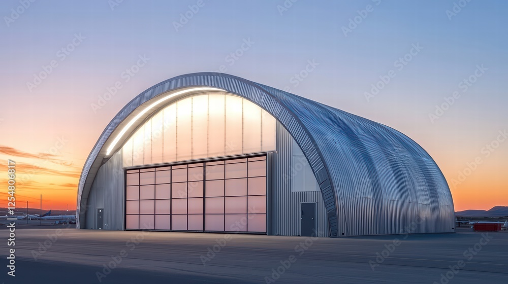 Arched Hangar at Sunset: A gleaming metal hangar with a distinctive arched roof stands against a vibrant sunset, its large hangar doors open, hinting at the secrets within. Arched Hangar at Sunset: A gleaming metal hangar with a distinctive arched roof stands against a vibrant sunset, its large hangar doors open, hinting at the secrets within.