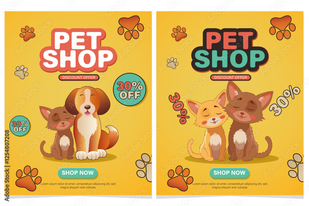 Obraz premium Set of two colorful pet shop promotional vertical design, cat and dog sitting together, surrounded by a soft paw print. discount offer in a playful style.