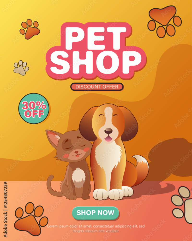 Obraz premium Colorful pet shop promotional vertical design featuring happy cat and dog sitting together, surrounded by a soft paw print. discount offer design in a playful style.