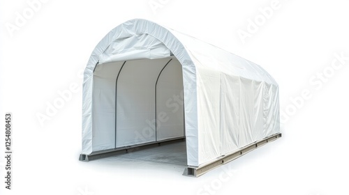 Durable Canvas Shelter:  A strong and durable white canvas shelter, designed for providing reliable protection from the elements. Ideal for storage, events, or temporary housing. 