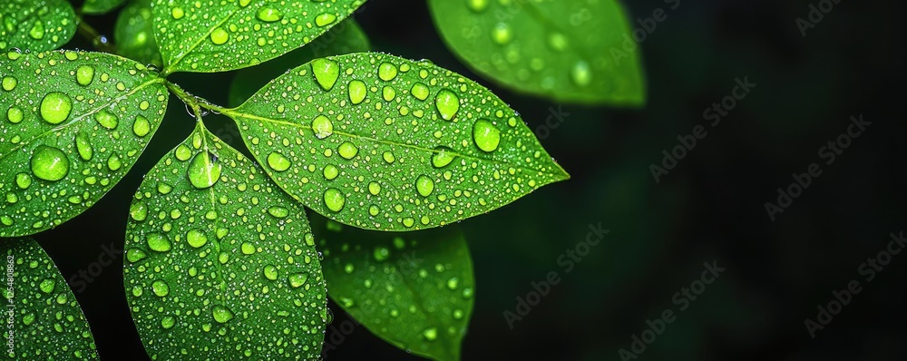 Fototapeta premium Glow forest idea. Close-up of fresh green leaves with raindrops glistening in a dark backdrop.