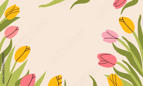 Trendy Mother's Day card, banner, poster, flyer, label or cover with flowers frame, abstract floral pattern in mid century art style. Spring summer bright abstract floral design template for ads promo