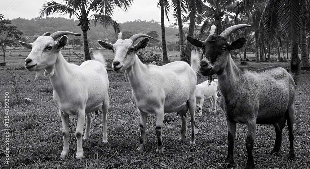 Obraz premium Three Goats in a Tropical Paradise: Black and White Photography